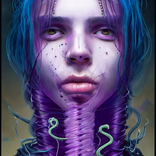 Image similar to detailed photo portrait of a furious teen girl with thin, hair-like purple tentacles on her head and bright purple eyes, 8k,by tristan eaton, Stanley Artgermm,Tom Bagshaw,Greg Rutkowski,Carne Griffiths,trending on DeviantArt, face enhance,hyper detailed ,full of colour, dramatic lightning