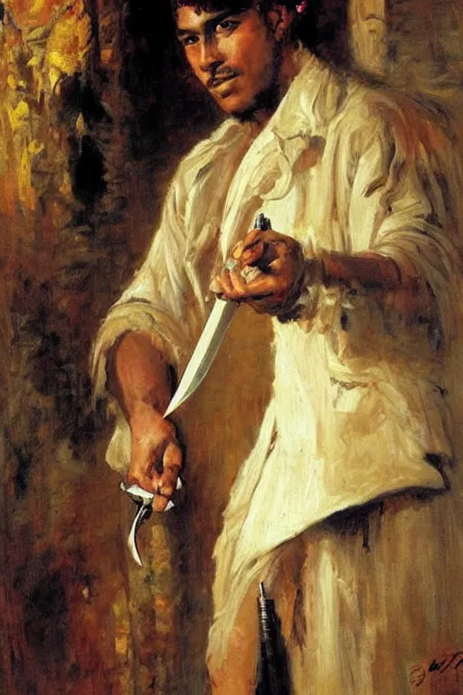 Prompt: a thirty year contract killer in all white. he is a sophisticated from africa. he is holding a knife. art by gaston bussiere.