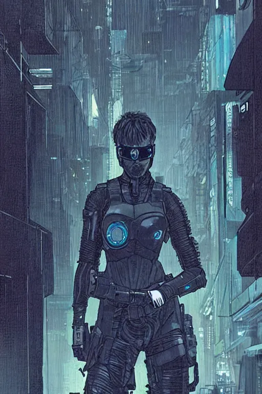 Image similar to selina. blackops mercenary in near future tactical gear, stealth suit, and cyberpunk headset. Blade Runner 2049. concept art by James Gurney and Mœbius.