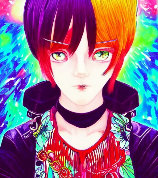 Prompt: very beautiful maximalist portrait painting of a black bobcut hair style industrial goth magical girl in a blend of manga - style art, augmented with vibrant composition and color, all filtered through a cybernetic lens, by hiroyuki mitsume - takahashi, pastel colors