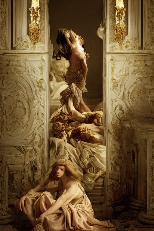 Image similar to the dweller on the threshold dramatic, elaborate emotive Baroque and Rococo styles to emphasize beauty as a transcendental, 8k image, ultra-realistic