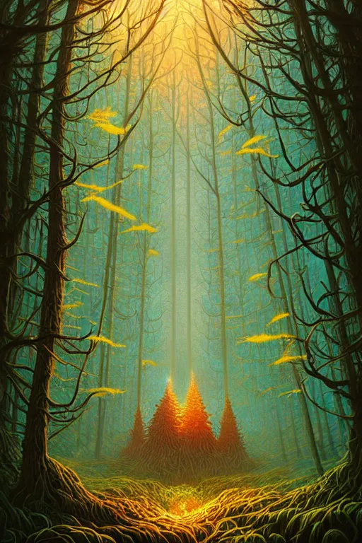 Prompt: fantasy forest. dan mumford beeple. michael cheval. anato finnstark.