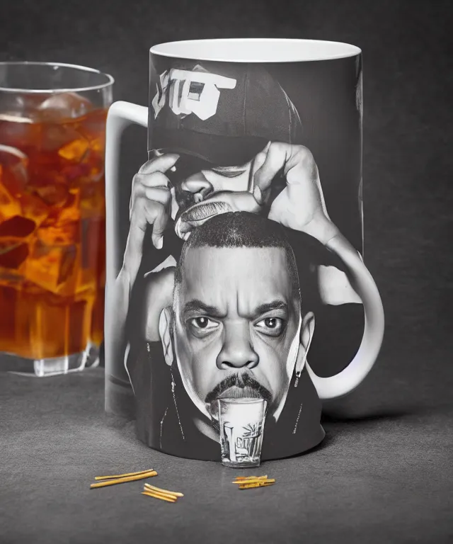 Prompt: a picture of ice - t rapper printed on the side of a mug full of iced tea, product showcase, studio lighting