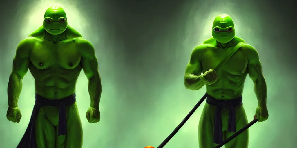 Prompt: a green skinned muscular humanoid bi pedal kung fu turtle, with an orange eye mask, holding nunchucks, heroic pose, cinematic, volumetric moody lighting in a sewer, highly detailed, digital painting, artstation, concept art, matte, sharp focus, illustration, art by artgerm and greg rutkowski and alphonse mucha