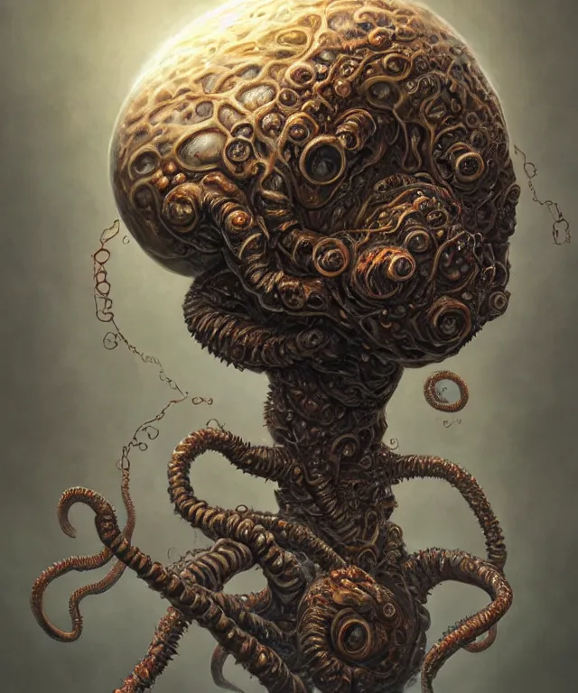 Image similar to hziulquoigmnzhah, head dangling underneath body!!!!, spherical body, elongated arms, short legs, lovecraftian horror!, surrealism, fantasy, intricate, elegant, highly detailed, digital painting, artstation, concept art, matte, sharp focus, illustration, art by keith thompson and christopher lane