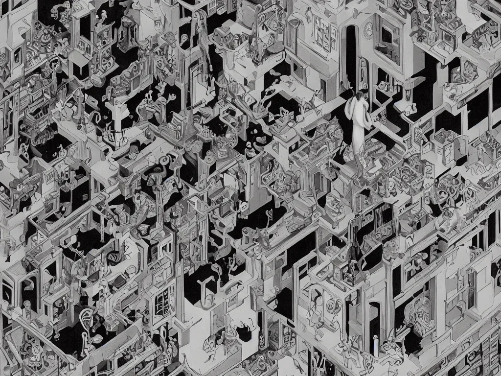 Image similar to fine portrait of a void engineer girl in the style of brecht evens focused on fixing samsara generator in the style of mc escher, intricate, stunning