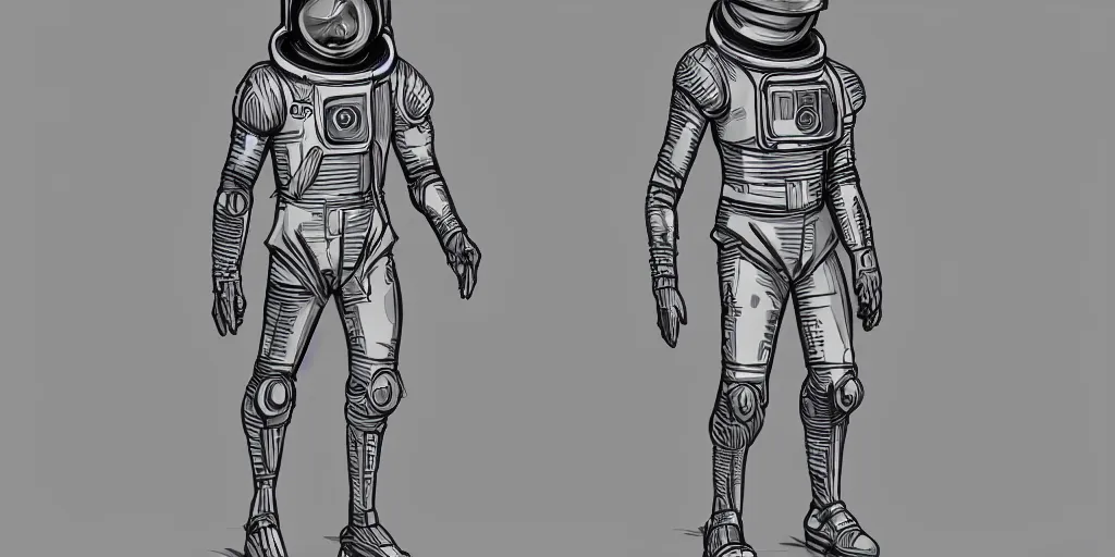 Image similar to male, fully body, elongated figure, science fiction space suit with a helmet, large shoulders, short torso, long thin legs, tiny feet, character sheet, funko, digital sketch, hyperdetailed, dieselpunk, stylized character design, concept design