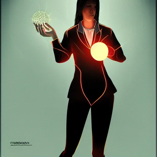 Image similar to a woman in a futuristic suit holding a glowing ball, a character portrait by Bernardino Mei, deviantart contest winner, digital art, digital painting, speedpainting, futuristic