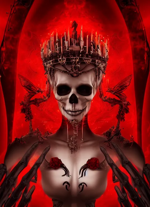 Image similar to a beautiful detailed 3 d matte painting, variations around female, queen, necromancer, symmetrical features, vertical portrait, skeleton, whirling smoke, embers, red adornements, red torn fabric