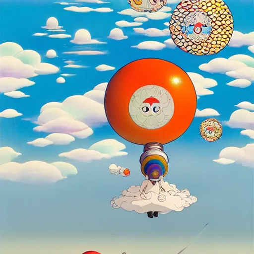 Image similar to a man walking on clouds above kyoto by takashi murakami, beeple and james jean, aya takano color style, 4 k, super detailed