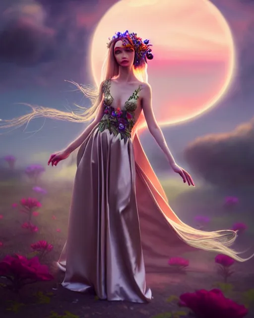 Image similar to photo of elf in long satin evening dress, flowers in hair, fantasy character portrait, soft clouds, floral sunset, ultra realistic, concept art, intricate details, cinematic, highly detailed