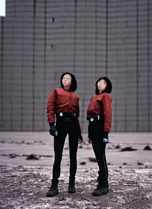 Image similar to cinestill 5 0 d photographic portrait of two loving clones, techwear women on a desolate plain, a brutalist metal building in the background, depth of field, 4 k, 8 k, hd, full color