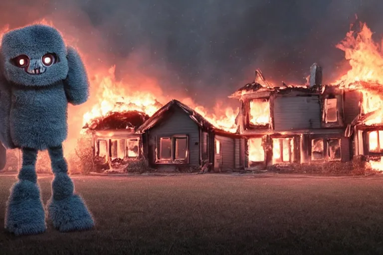 Image similar to <picture quality=4k-ultra-hd mode='attention grabbing'>Adorable fluffy robot looks into the camera sinisterly as a house burns behind it - inspired by Disaster Girl</picture>