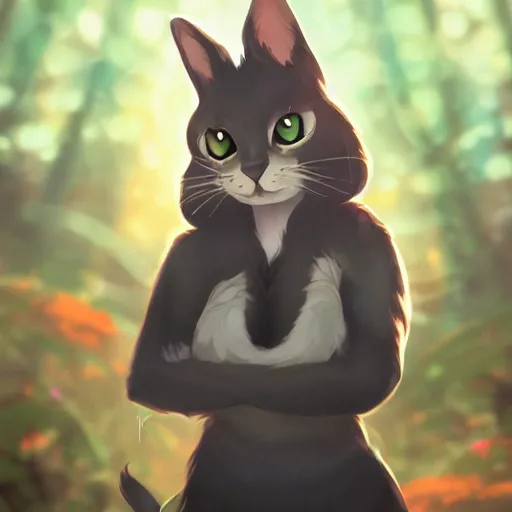 Image similar to a portrait of a cat in the forest, trending on artstation, trending on furaffinity, digital art, by kawacy, anime, furry art, warm light, backlighting, cartoon, concept art