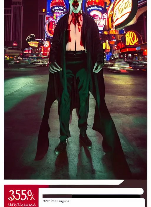 Image similar to 35mm kodak portra photograph of a shadowrun vampire on the Las Vegas strip at night by tomer hanuka and tom bagshaw, handsome face, blood, urban fantasy, hyper realism, high detail, octane render, 8k, trending on artstation, CGsociety, concept art