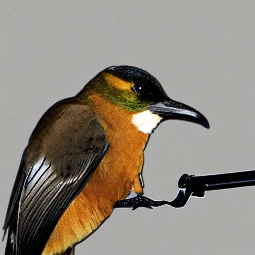 Prompt: photo of a bird holding a gun