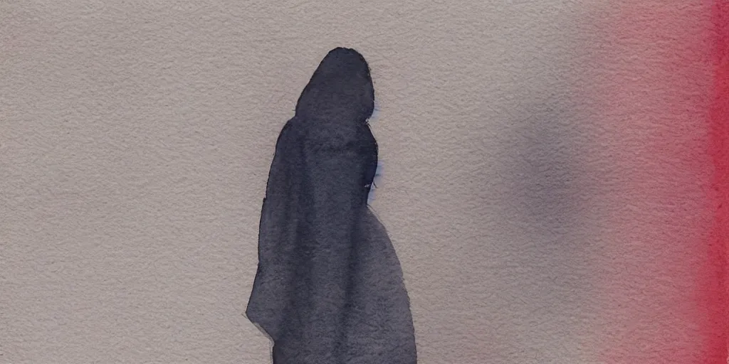 Prompt: simple watercolor, rough paper texture, ghost in the shell movie scene, backlit distant shot of girl in a parka