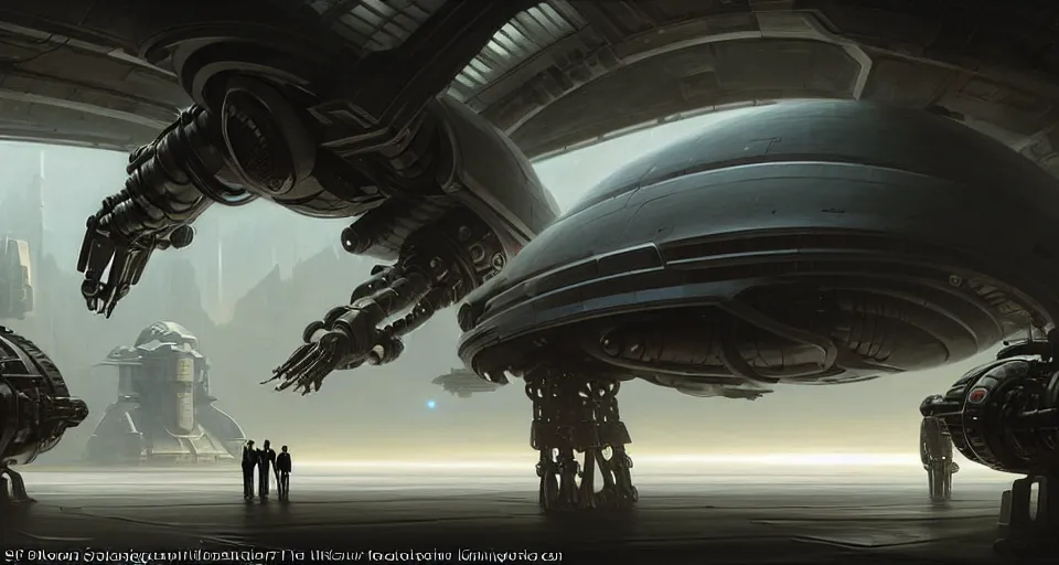 Image similar to hyper realistic sci - fi matte concept art painting of giant scopion - like robot in a starship hanger, starship in background, beautiful details, strong composition painted by kim jung guweta studio rutkowski, james gurney and greg rutkowski, and lucasfilm, smooth, intricate, detailed, sharp focus, cinematic