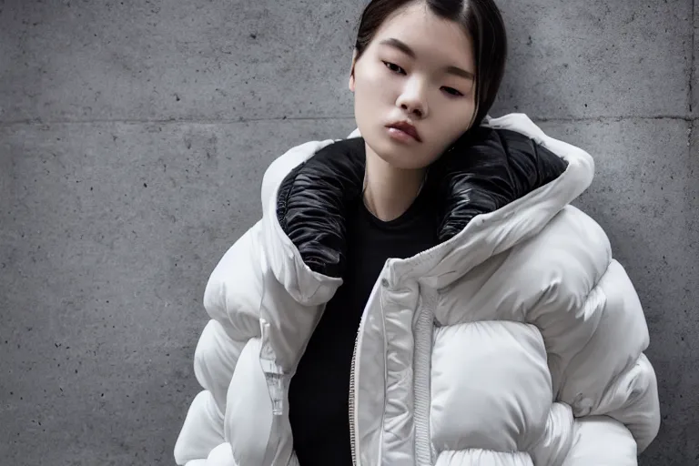 Image similar to well lit fashion shoot portrait of extremely beautiful female marble statue wearing huge over size puffer jacket by dingyun zhang, yeezy, balenciaga, vetements, a cold wall, sharp focus, clear, detailed,, cinematic, detailed, off white, glamourous, symmetrical, vogue, editorial, fashion, magazine shoot, glossy