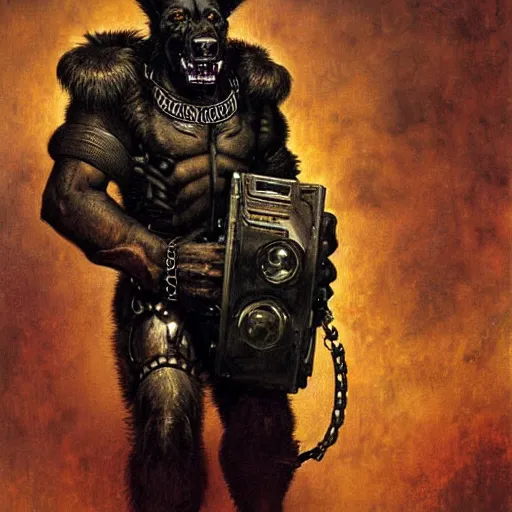 Prompt: a portrait of a black german shepard orc dogman canine neuromancer with human eyes serious looking holding computer console. shadowrun cyberpunk fantasy d & d fallout 1 9 9 8 highly detailed painting by gaston bussiere craig mullins jc leyendecker gustav klimt artgerm greg rutkowski