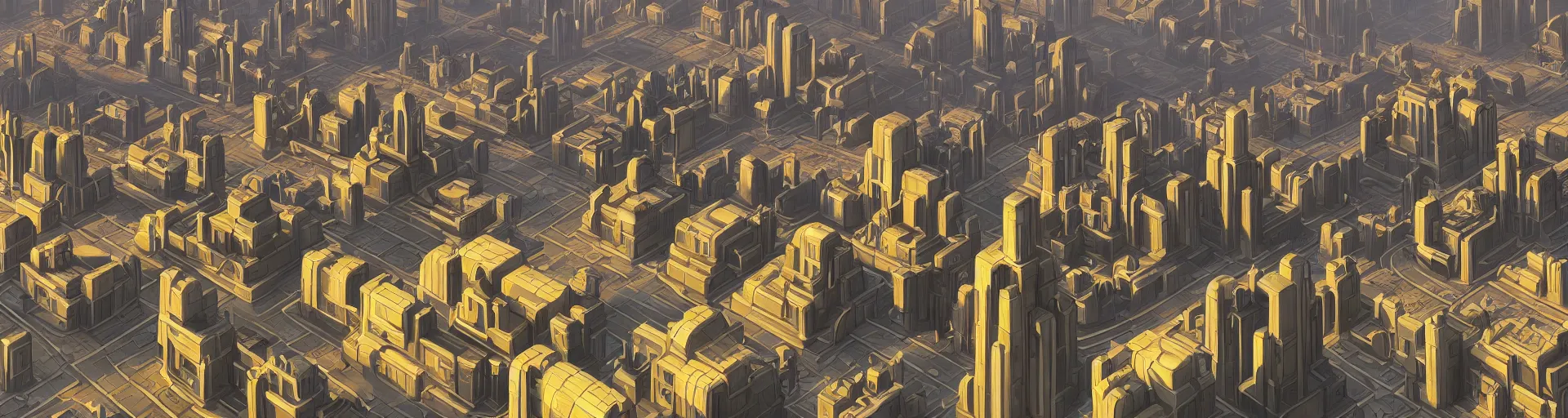 Image similar to a wide landscape shot of a dwarven city with retrofuturist art deco architecture