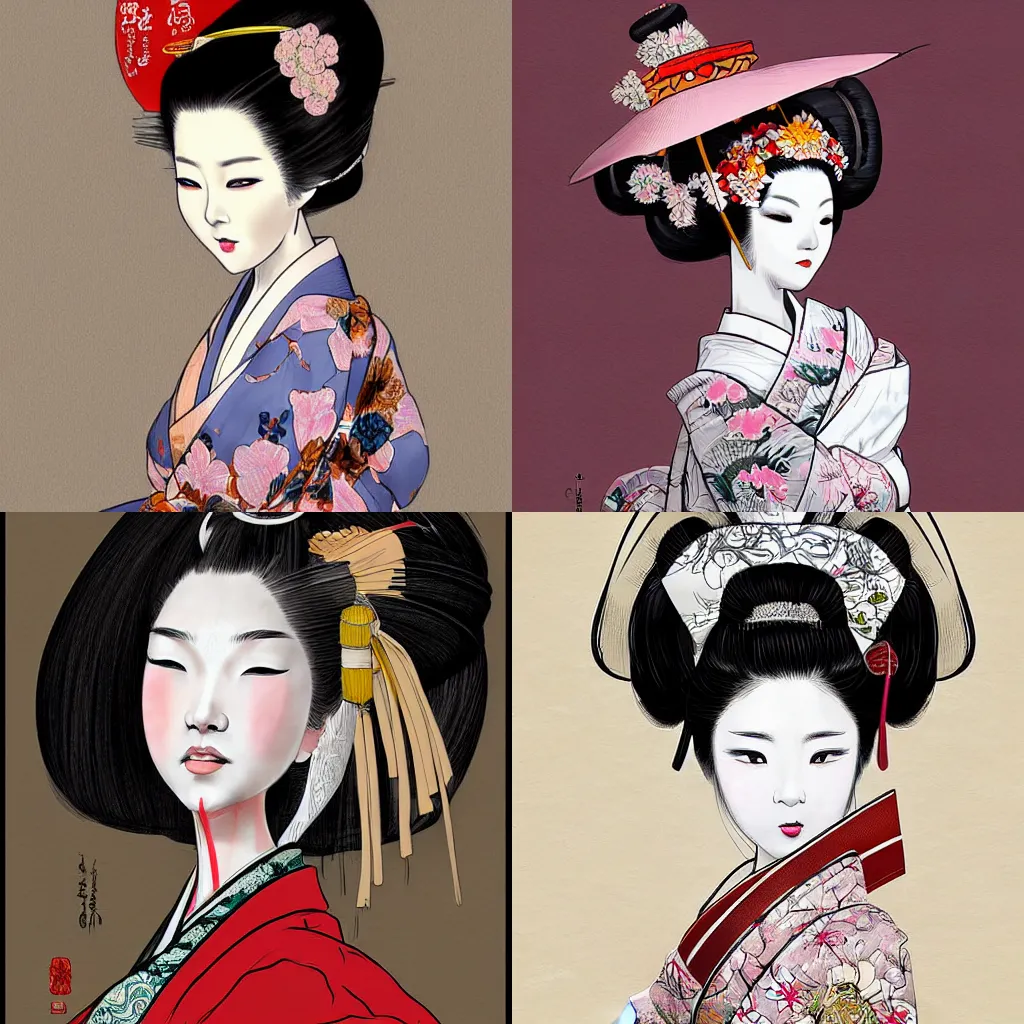 Prompt: digital painting of a beautiful geisha by kim jung gi