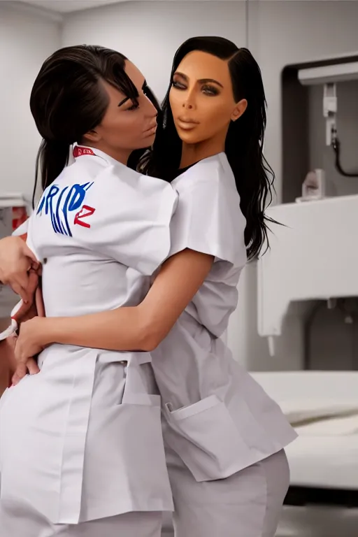 Prompt: riley reid hugging kim kardashian, kim wearing a nurse outfit, real photo, hospital interior, intricate, soft lighting, cinematic composition, hyper realistic, 8k resolution, unreal engine 5