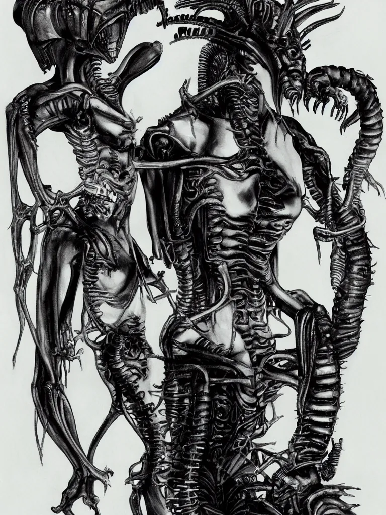 Prompt: sigourney weaver with a xenomorph alien queen by h. r. giger