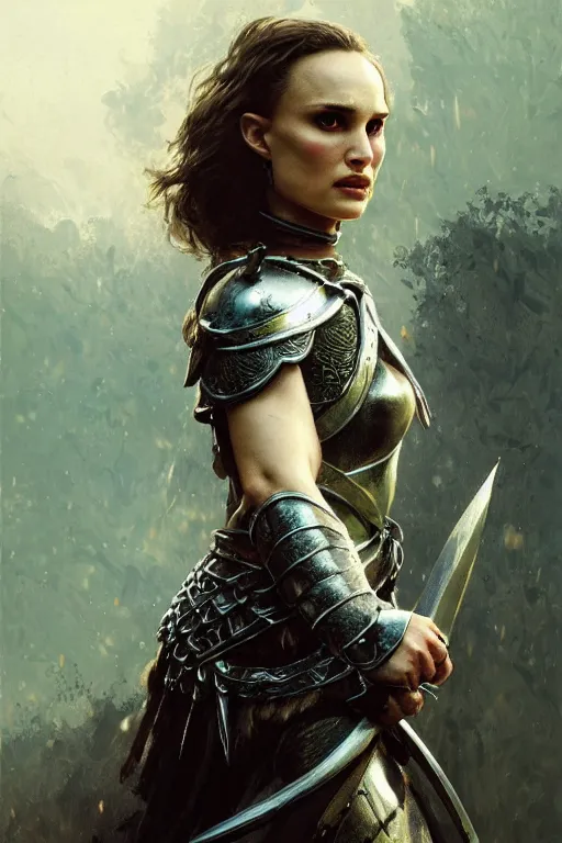 Image similar to natalie portman, legendary warrior, heroic, lord of the rings, tattoos, decorative ornaments, battle armor, by carl spitzweg, ismail inceoglu, vdragan bibin, hans thoma, greg rutkowski, alexandros pyromallis, perfect face, fine details, realistic shading photorealism