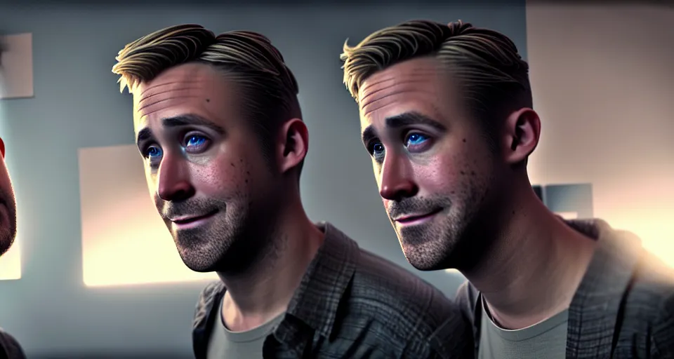 Image similar to ryan gosling and jake gyllenhaal posing dramatically together rendered in unreal engine 5, by wlop, greg rutkowski, and peter mohrbacher, octane render, ultra high detail, ultra realistic 3 d, extremely detailed shading, ray tracing, concept art, character design, trending on artstation, unreal engine 5, gritty atmosphere, glow, cinematic lighting, full of color