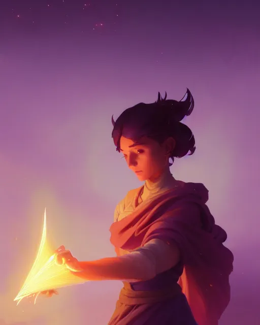 Image similar to highly detailed vfx portrait of an young mage casting a light spell, unreal engine, greg rutkowski, loish, rhads, beeple, makoto shinkai and lois van baarle, ilya kuvshinov, rossdraws, tom bagshaw, alphonse mucha, global illumination, detailed and intricate environment