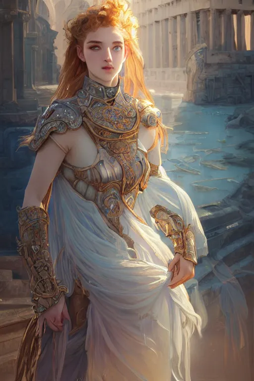 Prompt: portrait young knights of Zodiac girl, rose golden and ice blue reflected armor, in ruined Agora of Athens Sunrise, ssci-fi and fantasy, intricate and very very beautiful and elegant, highly detailed, digital painting, artstation, concept art, smooth and sharp focus, illustration, art by tian zi and WLOP and alphonse mucha