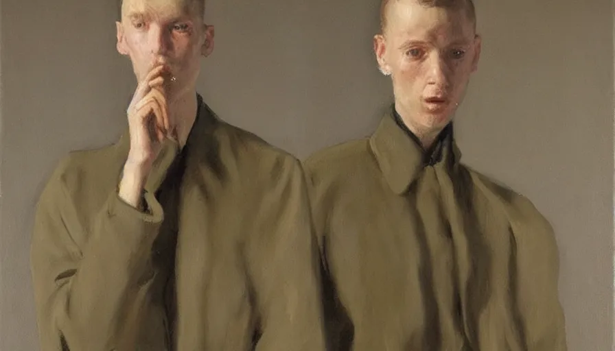 Image similar to painting by borremans, agent in a coat with cigarette, detailed, stunning