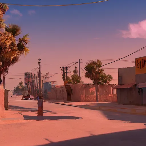 Image similar to A street view of a small desert town, 4k, artstation, cgsociety, cinematic lighting