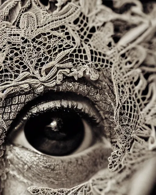 Image similar to extreme close up of a woman's eye, made of intricate decorative lace leaf skeleton, in the style of the dutch masters and gregory crewdson, dark and moody