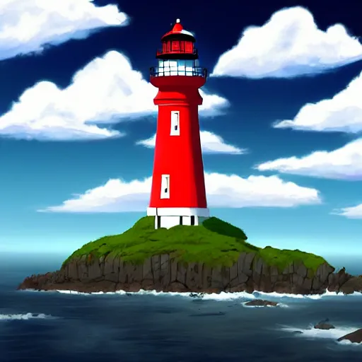 Image similar to beautiful cute cozy little lighthouse by the sea, puffy clouds, style of hayao miyazaki, digital art trending on artstation