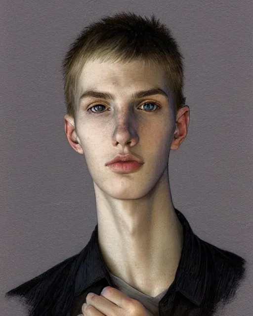 Image similar to portrait of 1 5 - year - old boy, a tall, slender boy with a pale, pointed face, sleek blond hair, and ice grey eyes, wearing black clothes, hyper realistic face, beautiful eyes, close up, fantasy art, in the style of greg rutkowski, intricate, alphonse mucha, hyper detailed, smooth