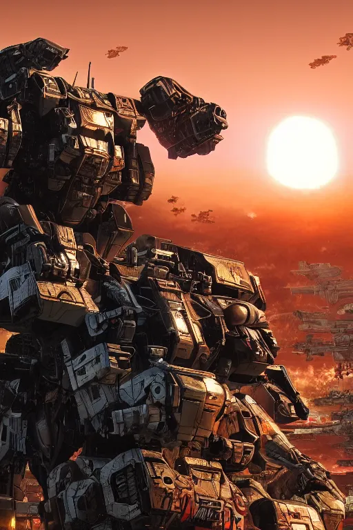 Prompt: A real photo of a Huge Mechwarrior and the sunset in the distance, by Josan Gonzalez, Yoji Shinkawa and Geof Darrow, highly detailed, Unreal Engine Render, 3D, 8k wallpaper