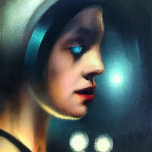 Image similar to detailed face of a woman, clockwork, moment, tectonic sky, skydome, bullet train, turbines, utopian, tech noir, wet reflections, prism, atmospheric, ambient, nick alm, casey baugh, pj crook, syd mead, livia prima, edward hopper