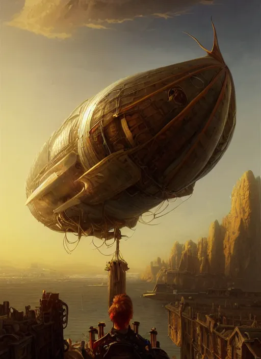 Image similar to portrait painting of a handsome rugged long hair crimson hair male pirate, top half portrait soft hair steampunk ornate zeppelin blimp airship in the background sky sunset golden hour art by raphael lacoste and stephan martiniere greg rutkowski gaston bussiere fantasy soft hair trending on artstation deviantart book cover art dramatic volumetric lighting, 4 k, award winning