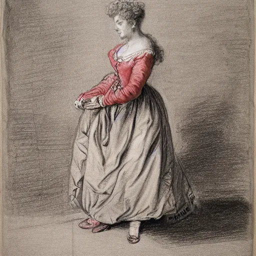 Image similar to Drawing of a woman, full body, clothed, François Boucher, red chalk, watteau