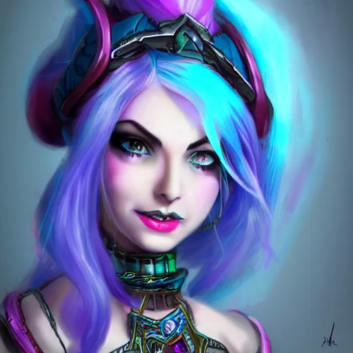 Image similar to portrait of Jinx from League of Legends, high resolution fantasy concept art, realistic, intricate details, soft lighting
