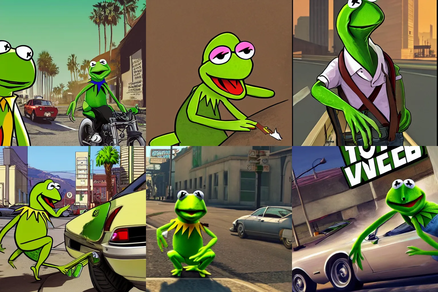 Prompt: Kermit the frog in GTA V, cover art by Stephen Bliss, artstation, no text