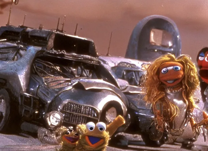 Image similar to scene from the 1979 science fiction film Muppet Mad Max