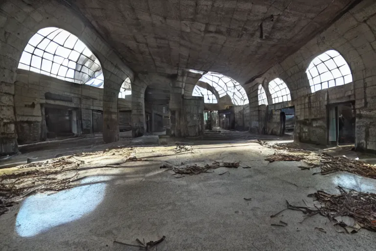 Prompt: ruined, abandoned polish metro station, seen from inside. Diffused light from stairwells. Dirt, leaves on ground. Unreal Engine. Substance painter. Zbrush. Trending on artstation. 8K. Highly detailed.