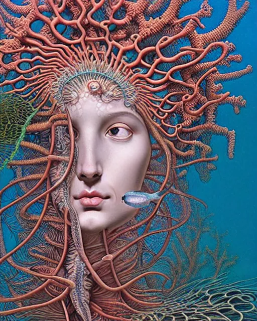 Image similar to realistic detailed underwater face portrait of the beutiful young goddess of the fish of the fractal waters with an intricate headdress of corals, sea kelp, sea plants, coral reef, fish, jellyfish, art by ernst haeckel, zdzisław beksinski, hieronymus bosch, gothic, neo - gothic, ornamental, beautiful deep colours,