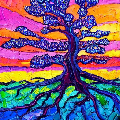 Prompt: a highly detailed painting of a tree in the sunset, an acrylic! impasto! painting by Erin Hanson, deviantart, behance contest winner, art on instagram, impressionism, rich color palette, pastel colors, vivid colors