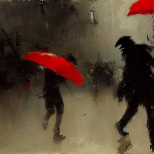 Image similar to ravens attacking man with red umbrella, by jeremy mann.