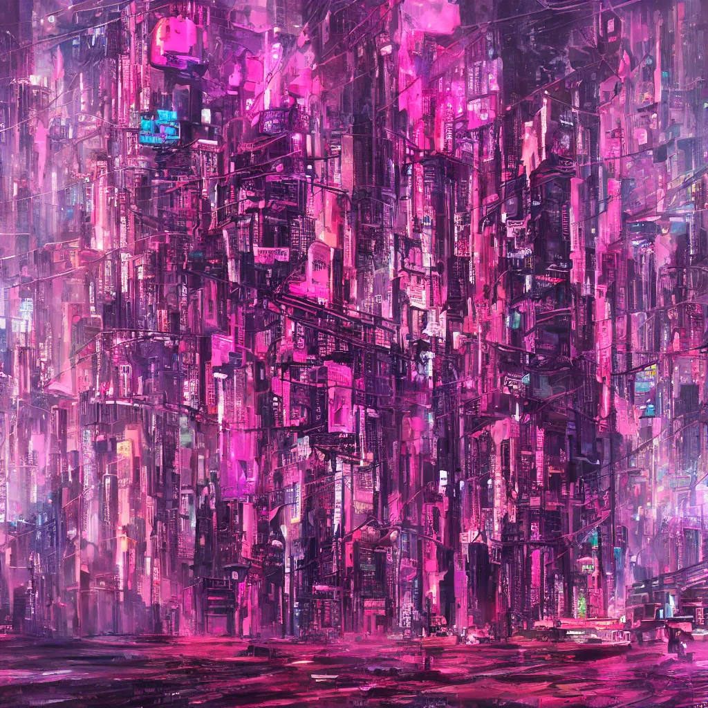 Prompt: oil painting of a cyberpunk metropolis, fuchsia, textured