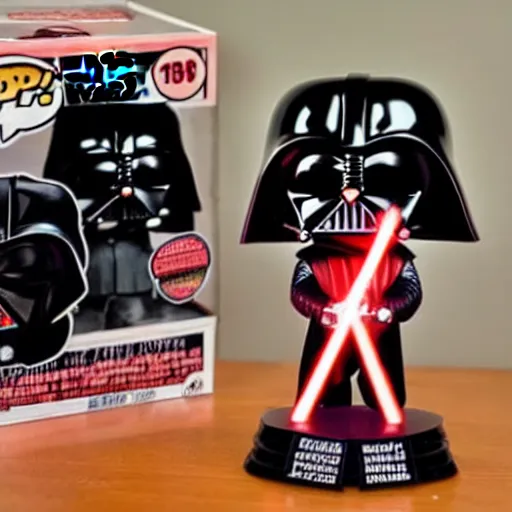 Prompt: a darth vader funko pop wielding a red lightsaber on a table inside a suburban house